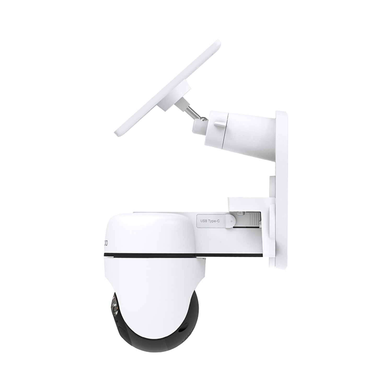 Telecamera di sicurezza bianca con testa girevole e pannello solare, isolata su bianco.