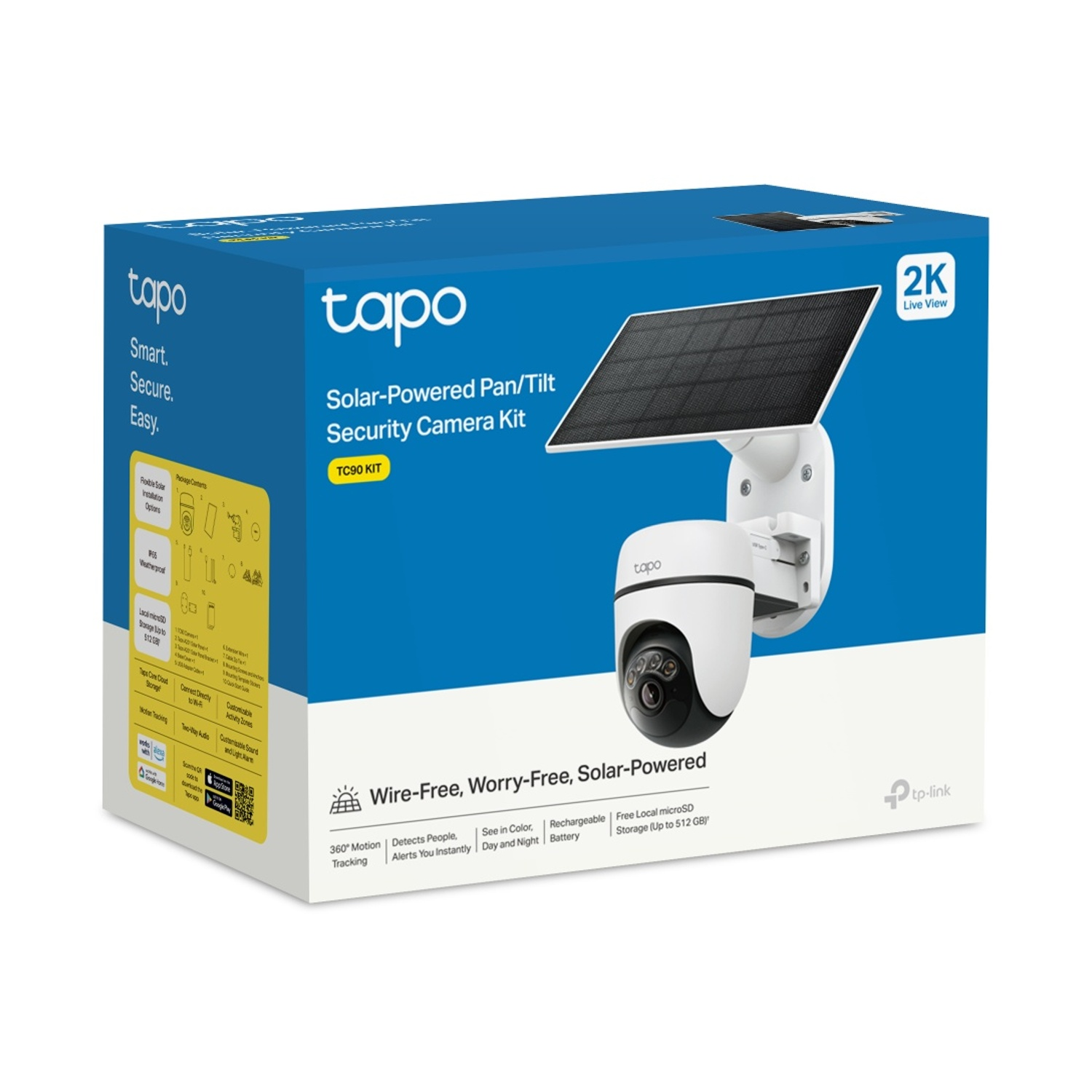 Confezione del kit telecamera di sicurezza Tapo a energia solare Pan/Tilt con telecamera e pannello solare.