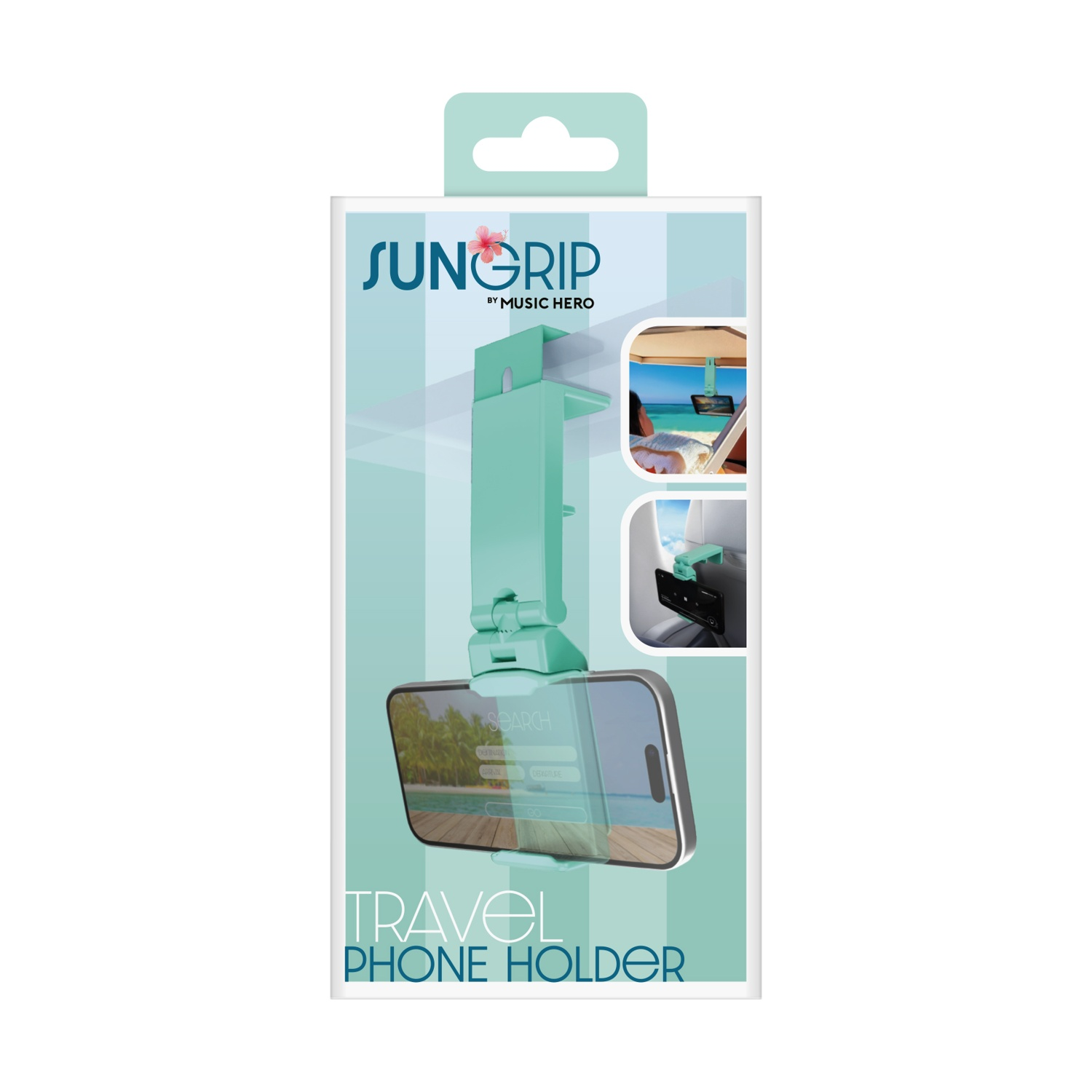 Confezione di un supporto per telefono da viaggio turchese, che mostra un telefono con scena di spiaggia tropicale.