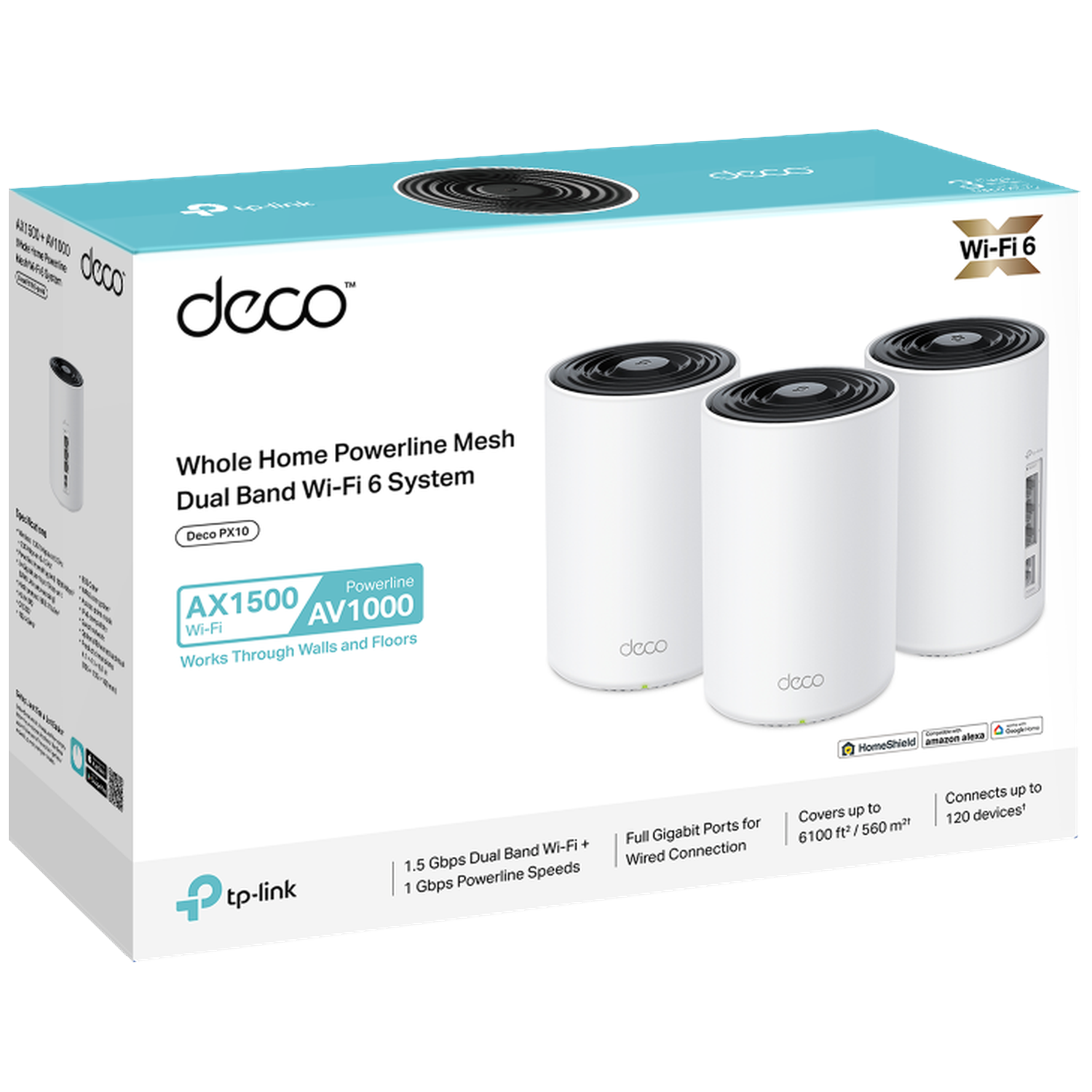 Doos met drie witte Deco PX10 mesh Wi-Fi 6 units.