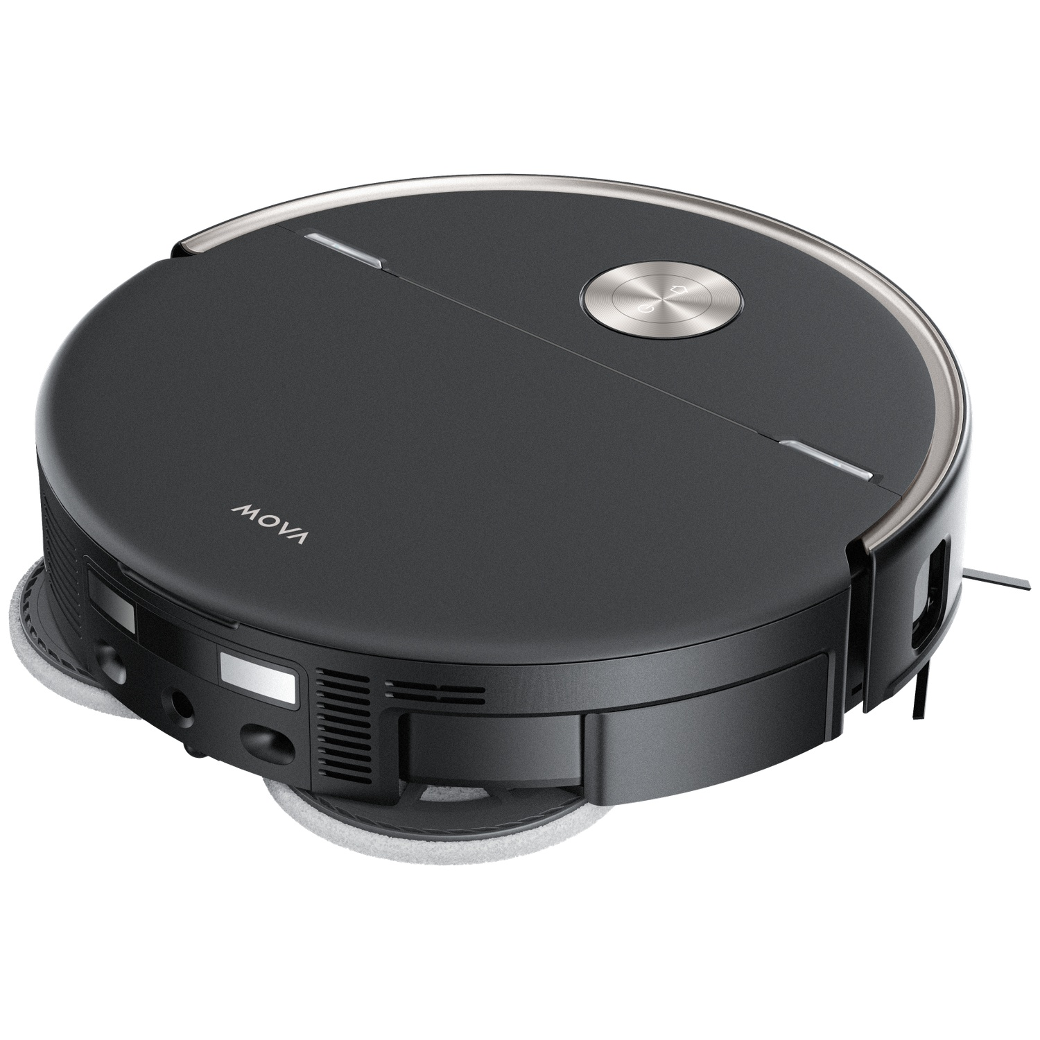 Un aspirateur robot rond et noir avec des accents argentés et des brosses.