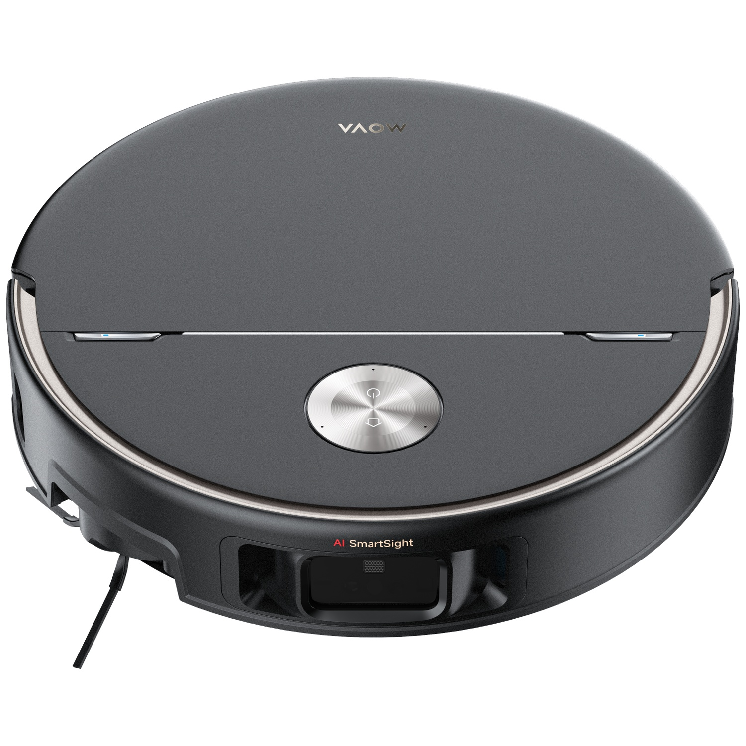 Un aspirateur robot gris avec des accents argentés et un bouton.