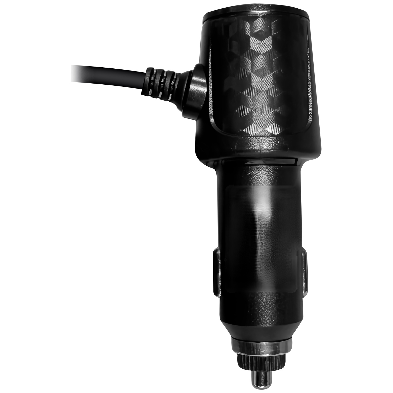 Een zwarte auto-oplader adapter met een kabel op witte achtergrond.