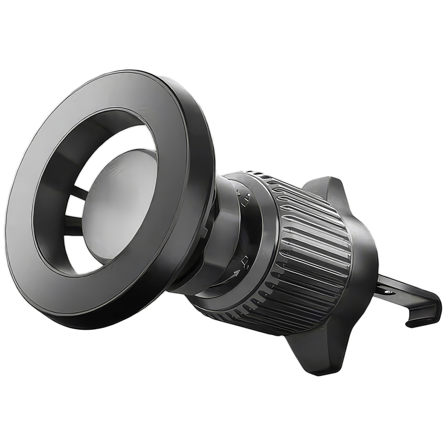 Een zwarte magnetische autohouder met ventilatieclip.