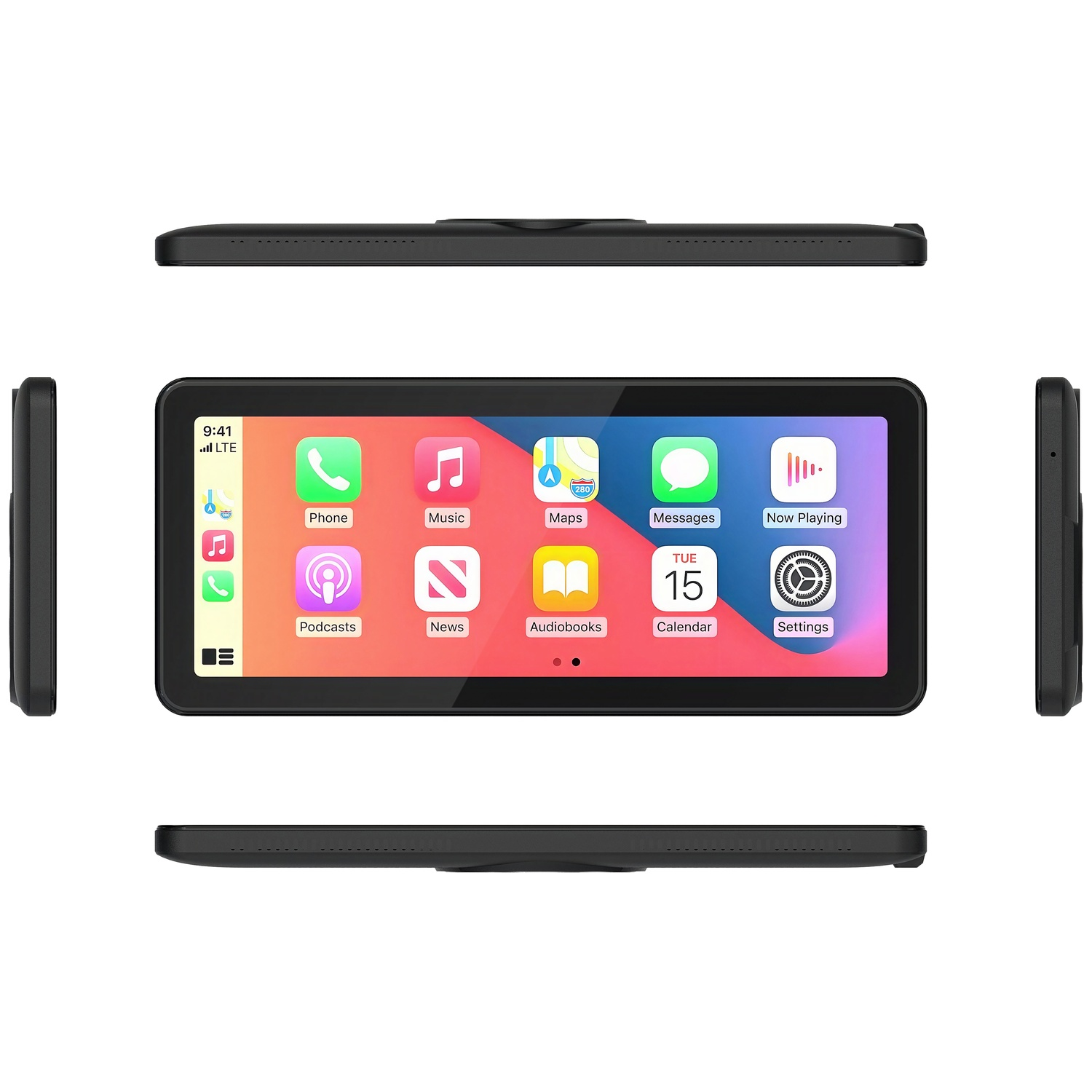 Een zwarte tablet met een iOS-achtig startscherm en diverse app-iconen.