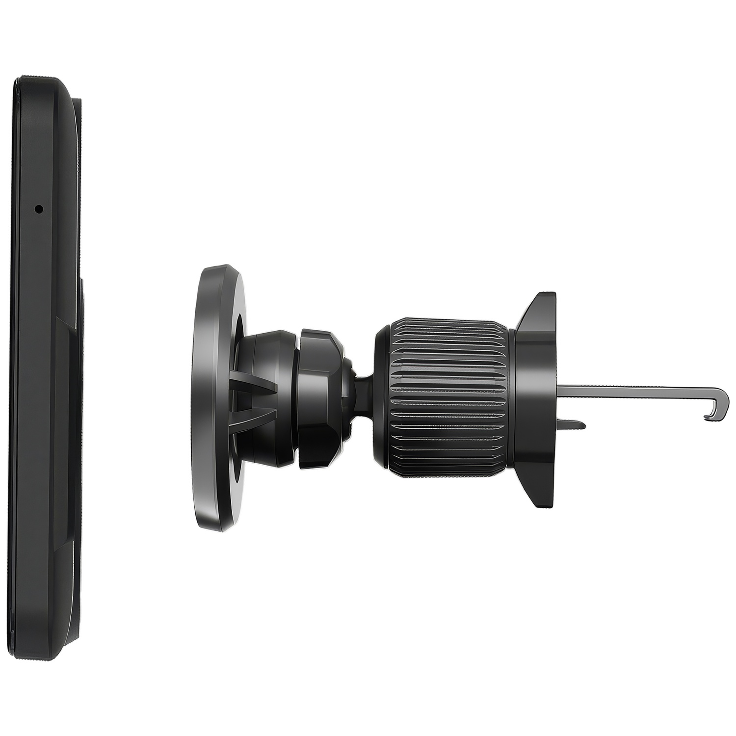 Zwarte telefoon links, zwarte auto-ventilatiehouder met geribbeld lichaam en haak rechts.
