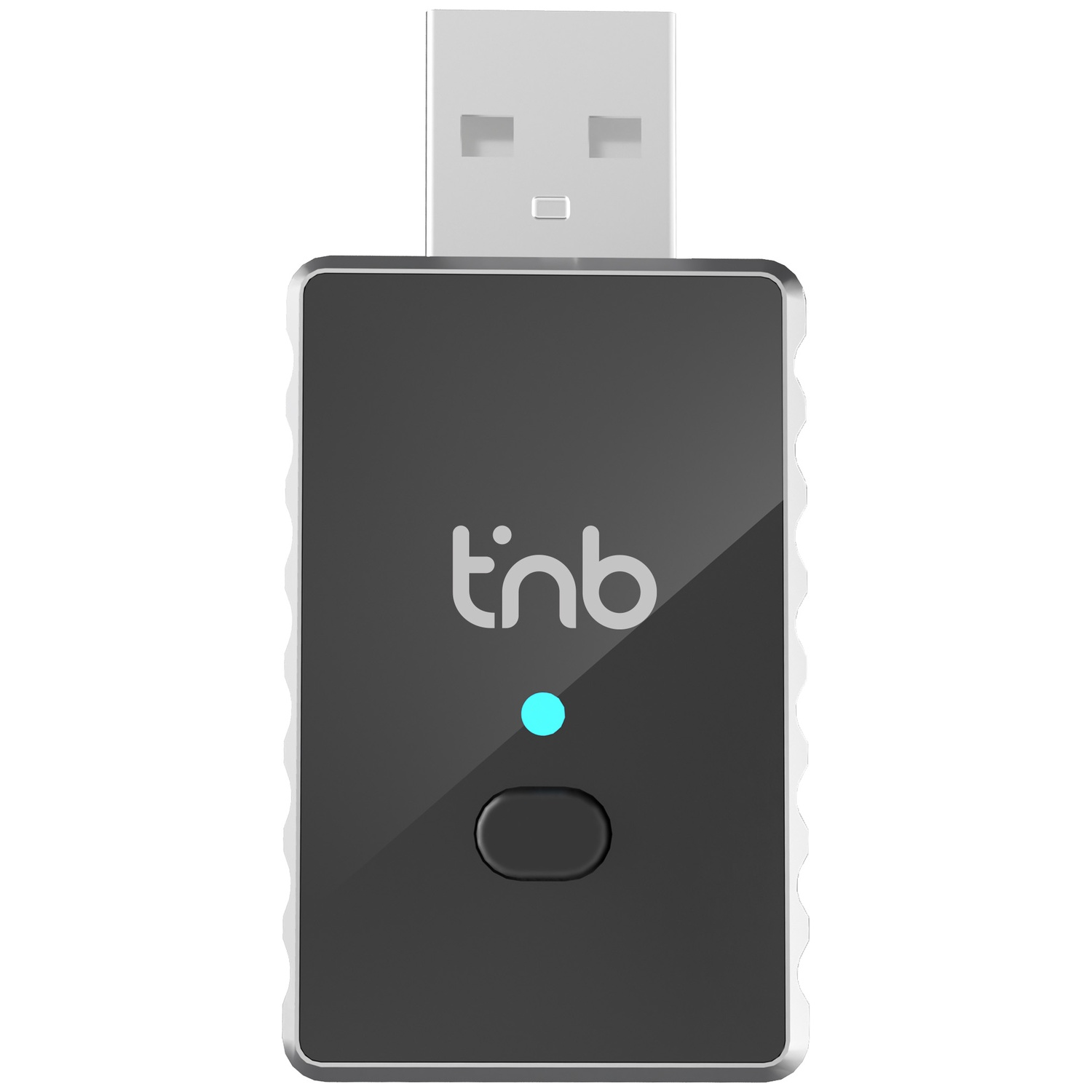 A black USB adapter with a blue light and the TNB logo.