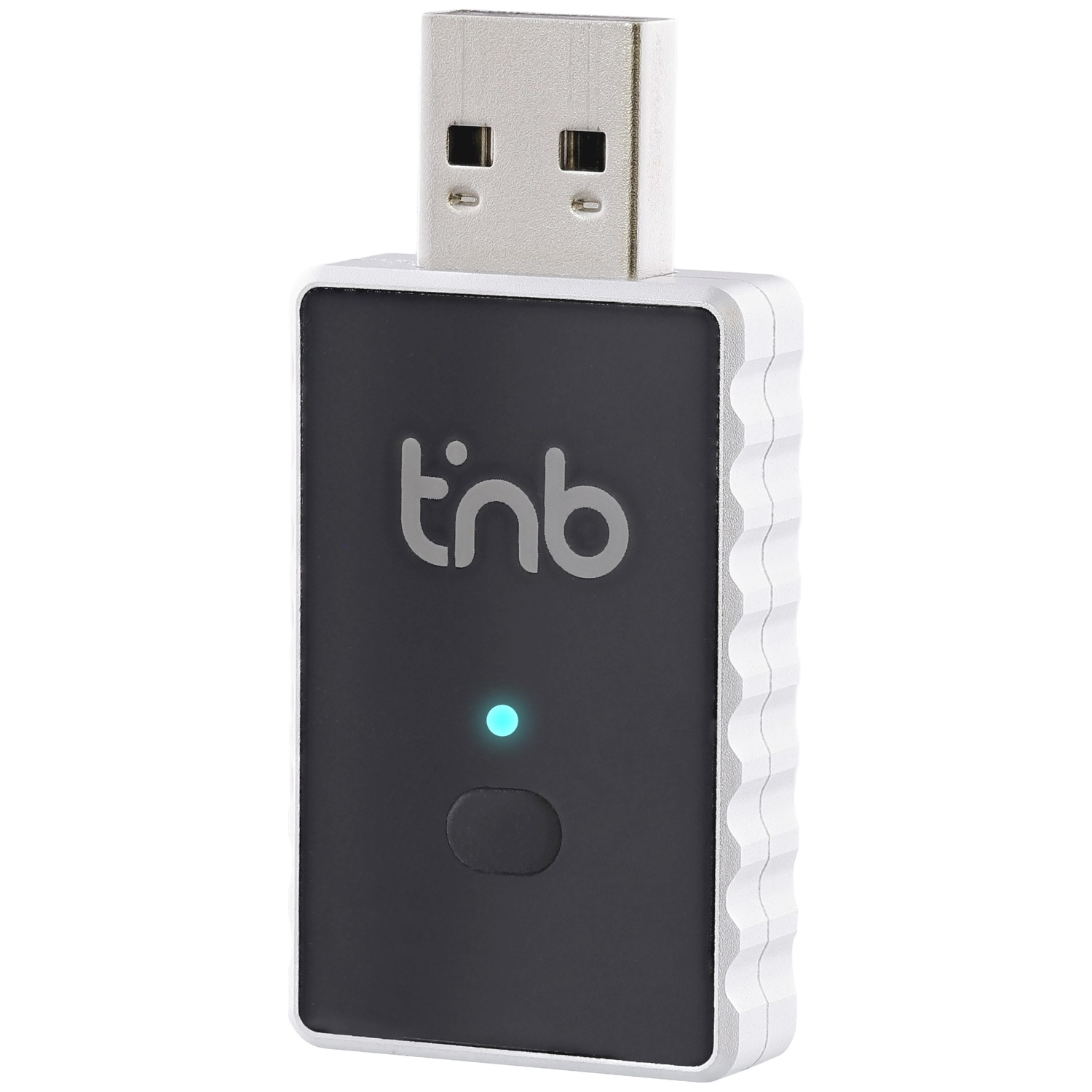 A silver USB adapter with a black face and a blue indicator light.