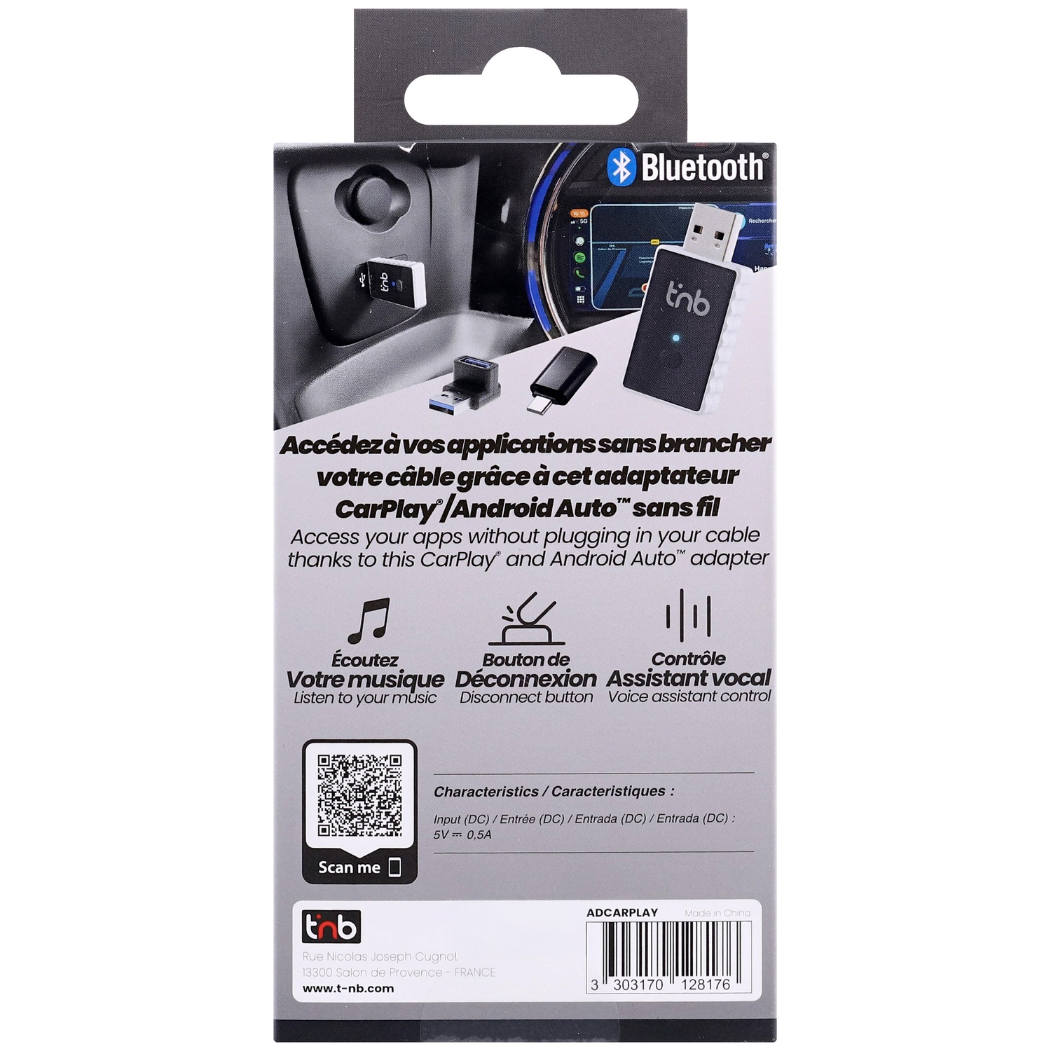 Packaging for a Bluetooth CarPlay/Android Auto adapter showing product images and text.