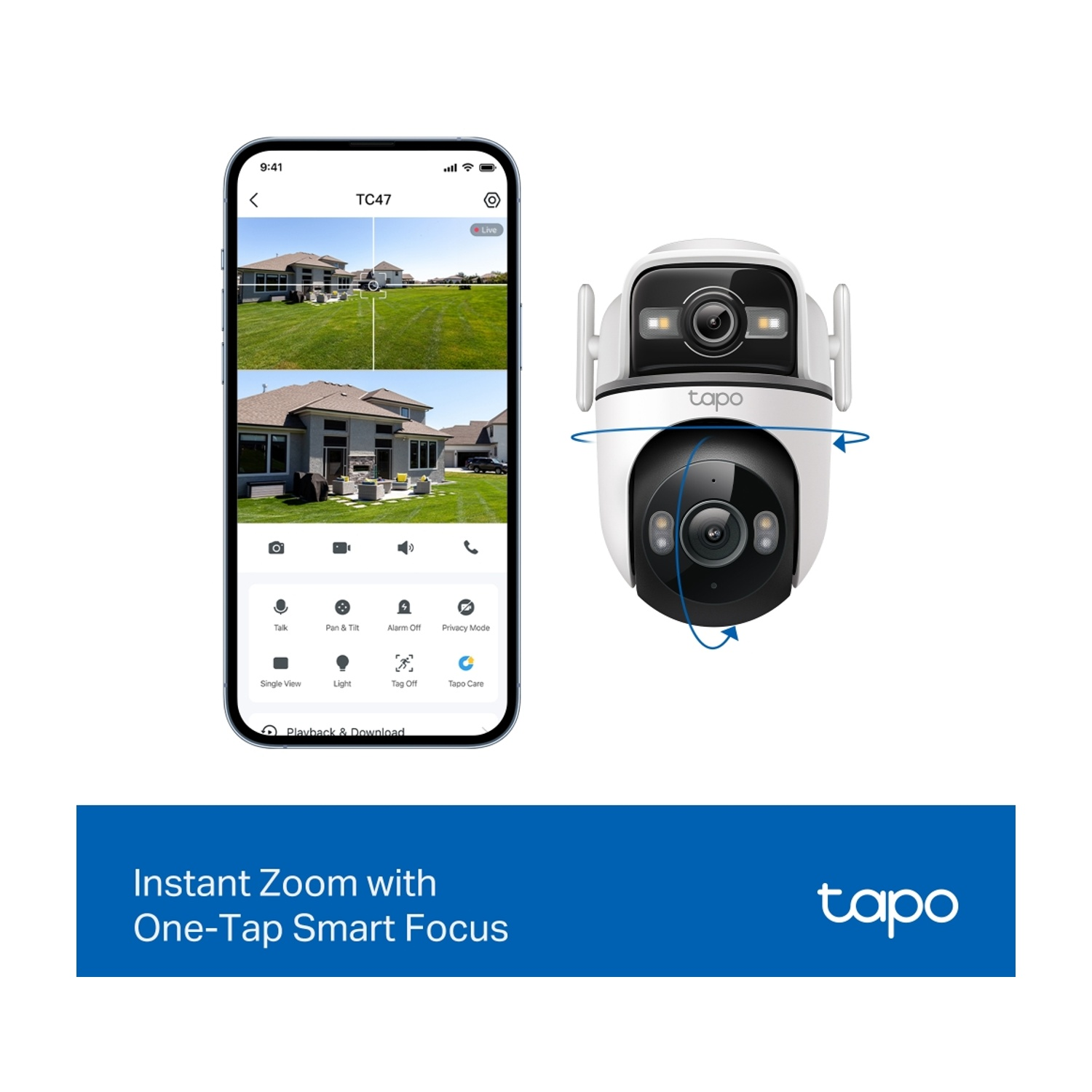 Telecamera di sicurezza Tapo con app per smartphone che mostra case.