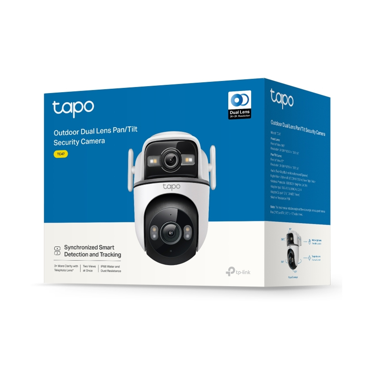 Scatola telecamera di sicurezza Tapo outdoor dual lens pan/tilt con immagine e specifiche del prodotto.