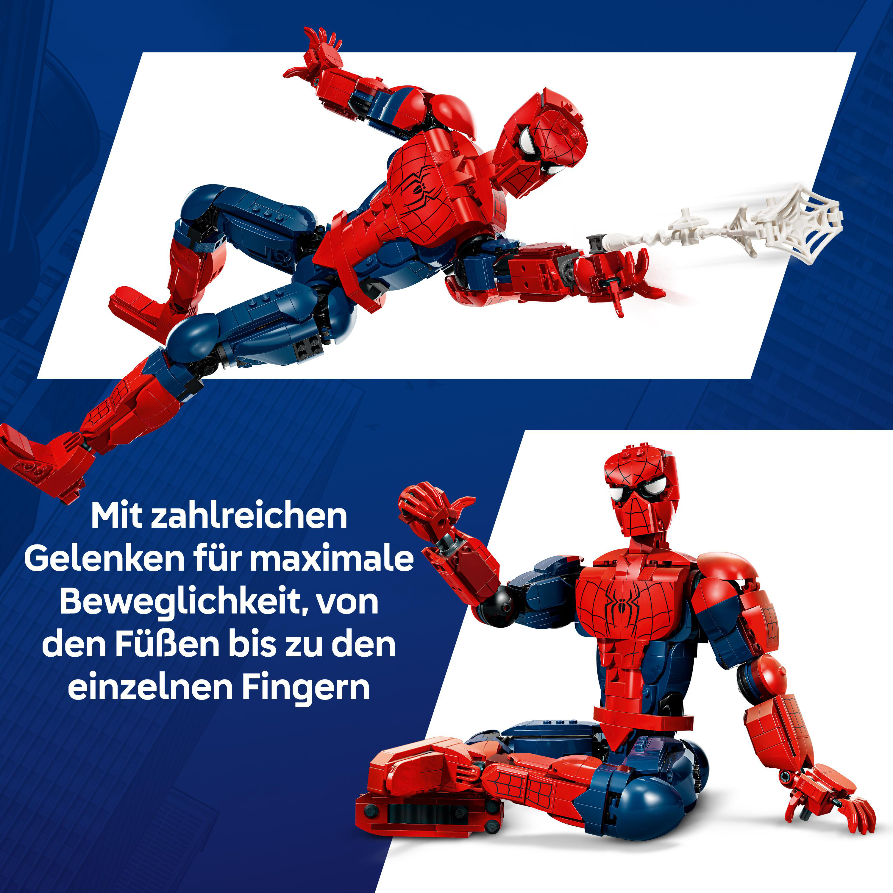 Ein detailliertes LEGO-Modell von Spider-Man mit vielen Gelenken.