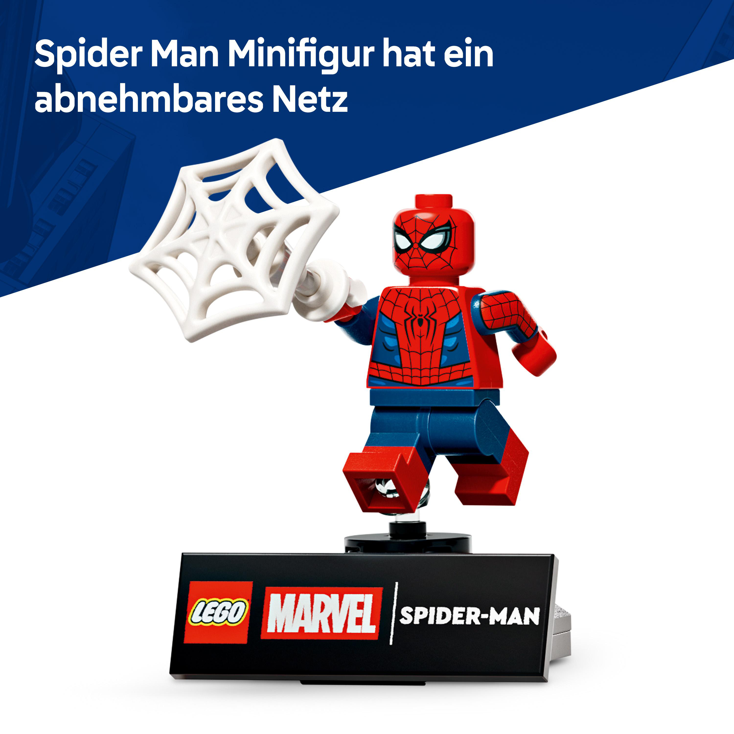 Ein Lego Spider-Man Minifigur hält ein weißes Netz. Die Figur steht auf einem schwarzen Sockel mit Lego und Marvel Schriftzug.
