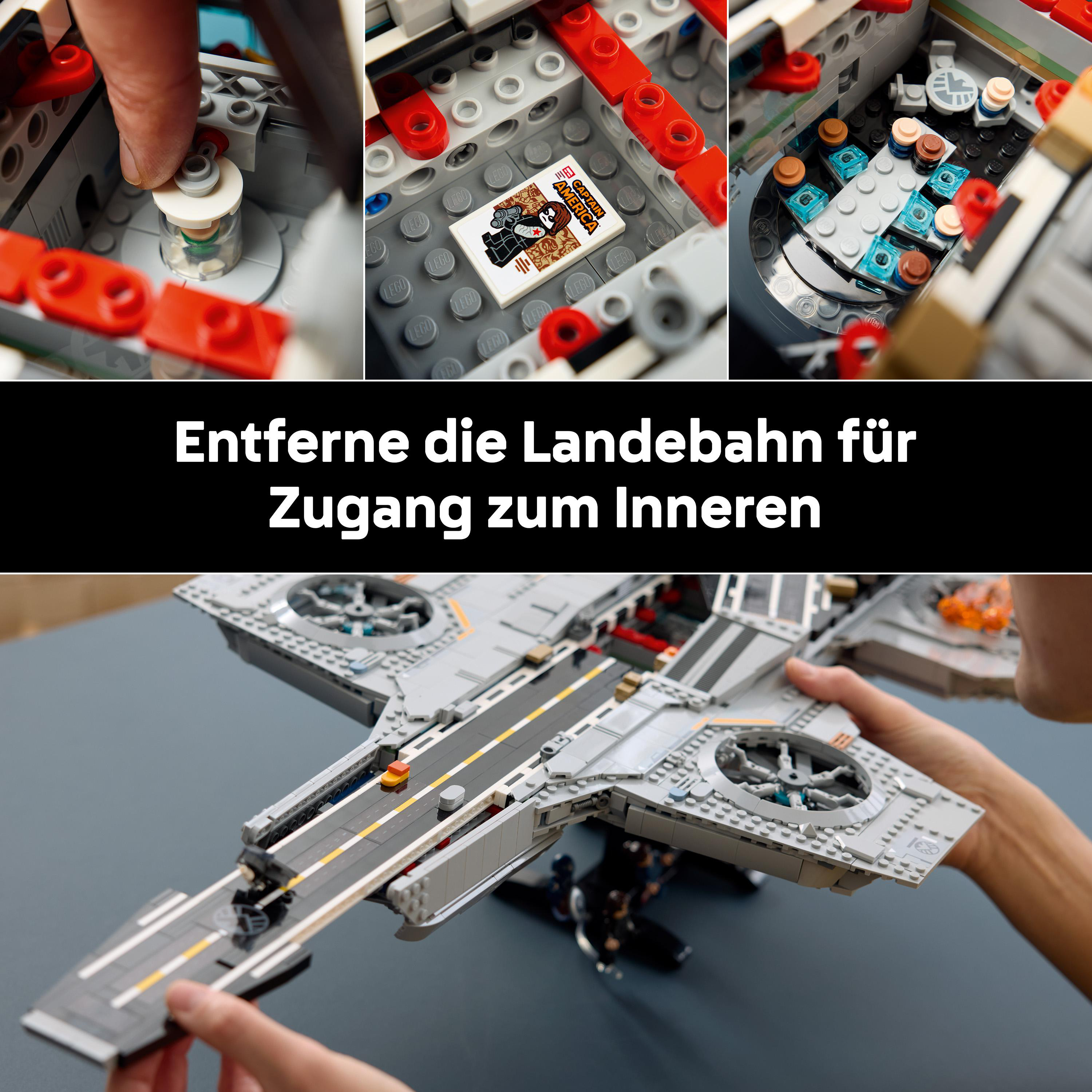 Detailaufnahmen eines Lego-Modells mit Captain America-Aufkleber und Innenraumdetails.