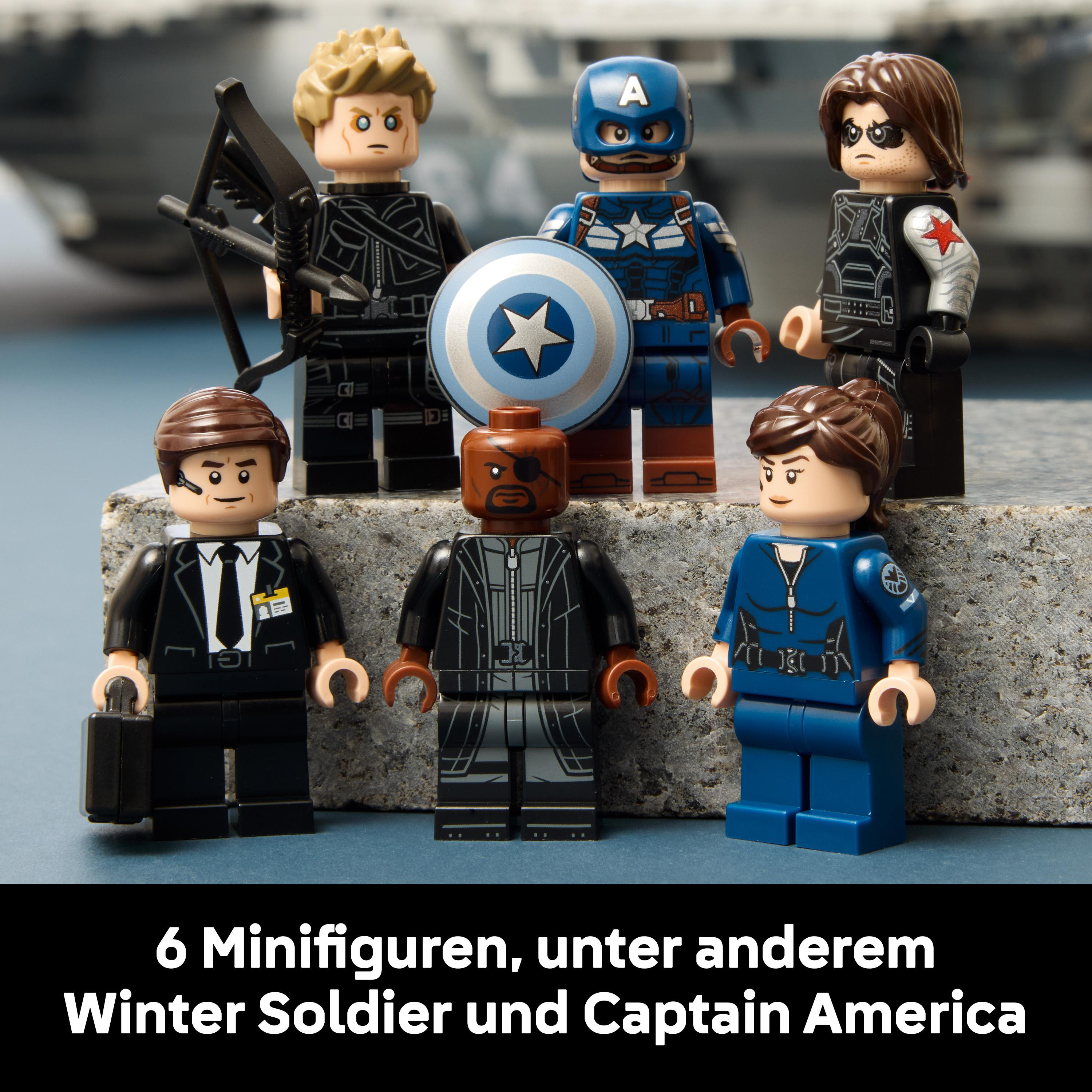 Sechs Lego-Minifiguren: Captain America, Winter Soldier, Nick Fury, Maria Hill, Hawkeye.