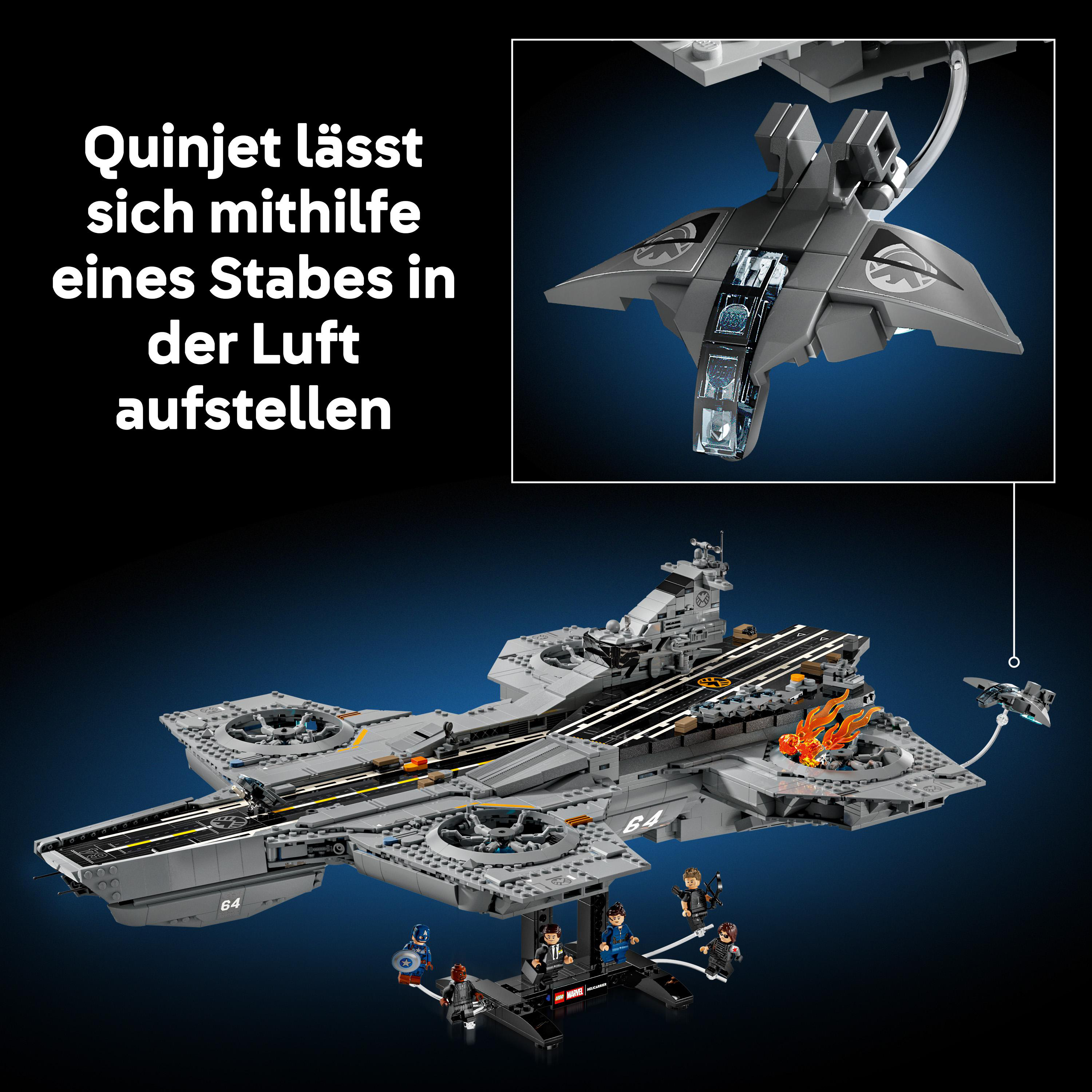 Lego Quinjet und Helicarrier mit Figuren, auf dunklem Hintergrund.