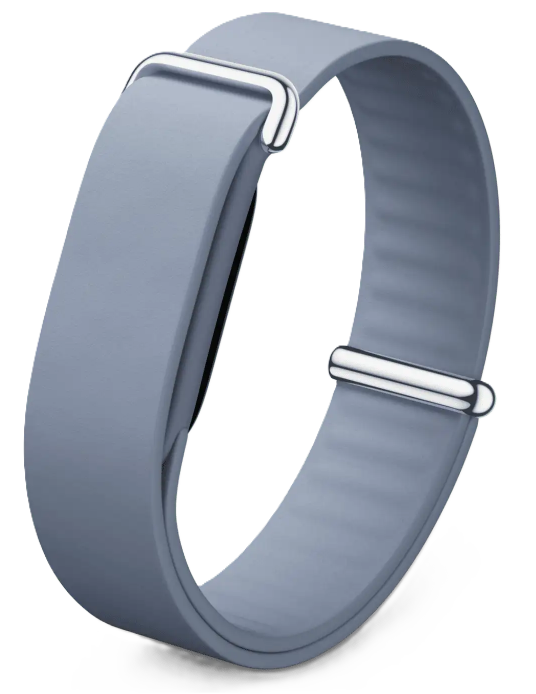 Graues Armband mit silbernen Schnallen, auf weißem Hintergrund.