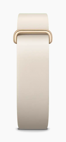 Ein helles, schmales Armband mit goldener Schnalle.