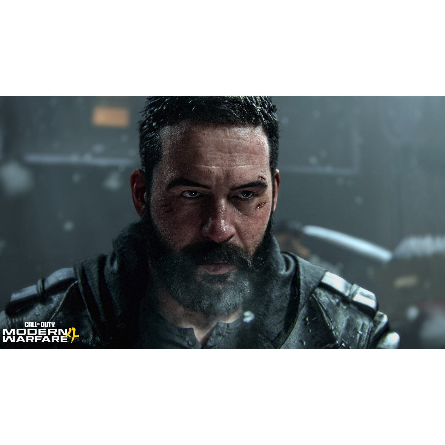 Gros plan d'un homme barbu en vêtements sombres, logo Call of Duty visible.