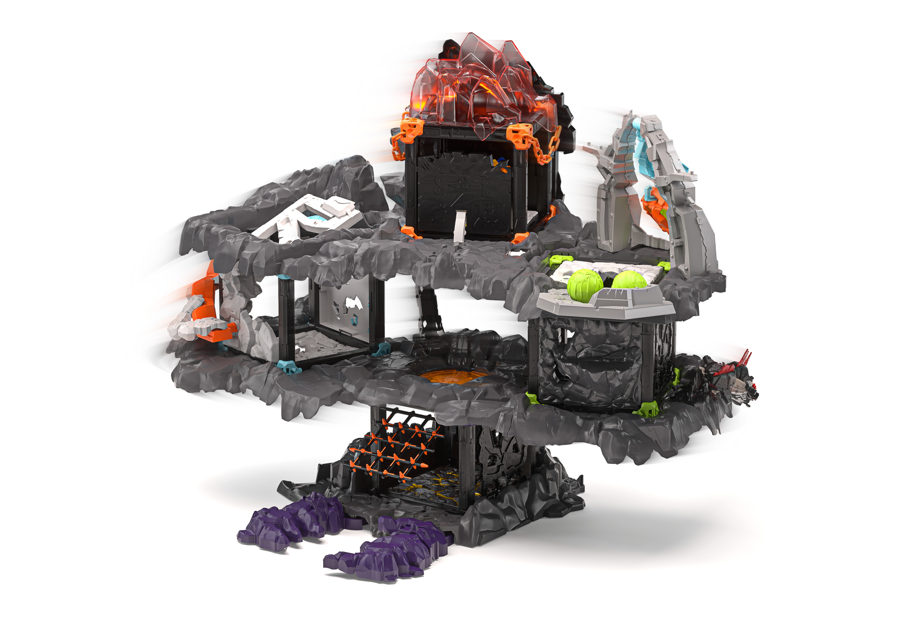 Ein Spielset aus grauem und schwarzem Kunststoff mit roten Kristallen und orangen Ketten.