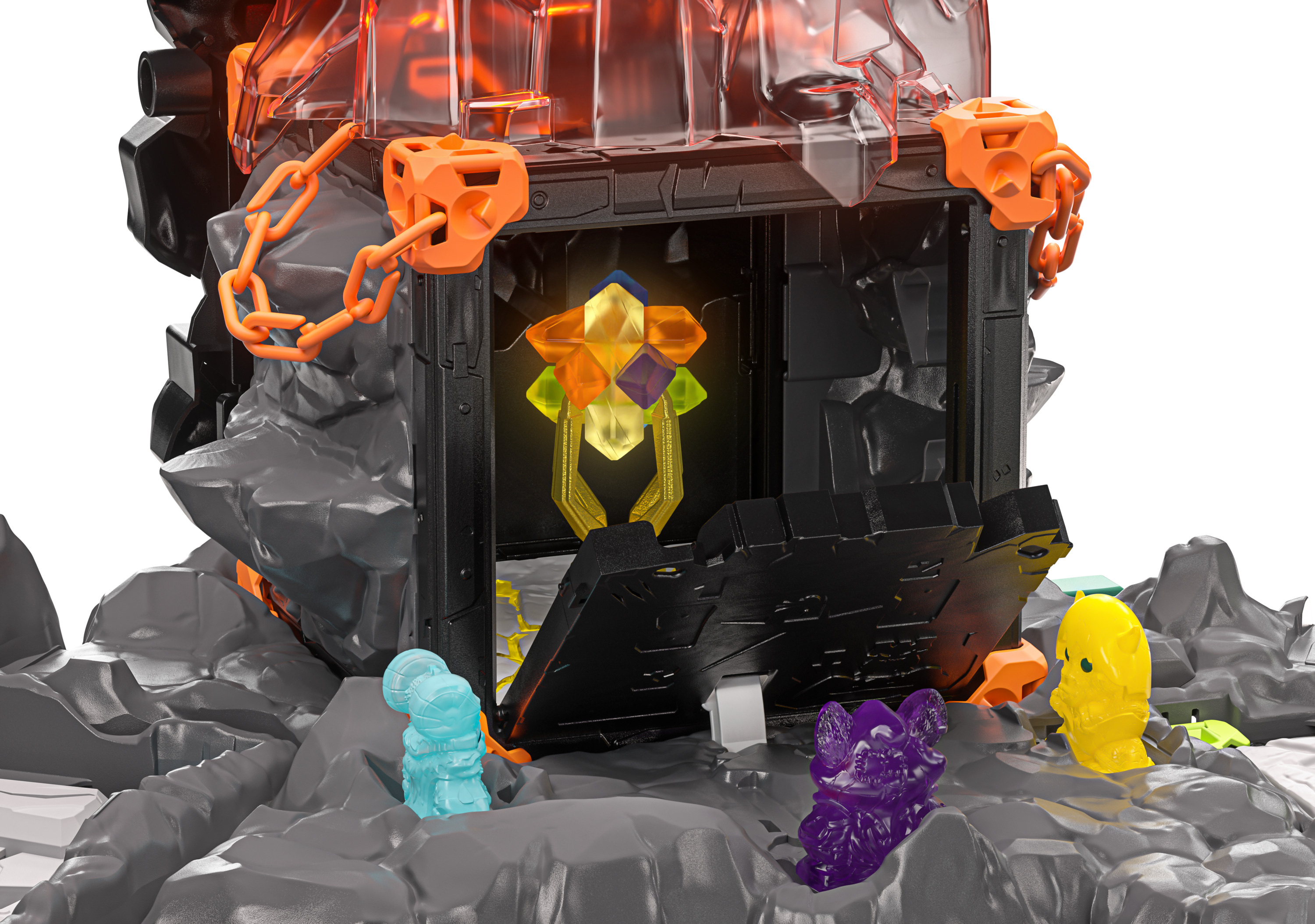 Ein Spielzeugschloss mit orangefarbenen Ketten, Kristallen und Figuren.