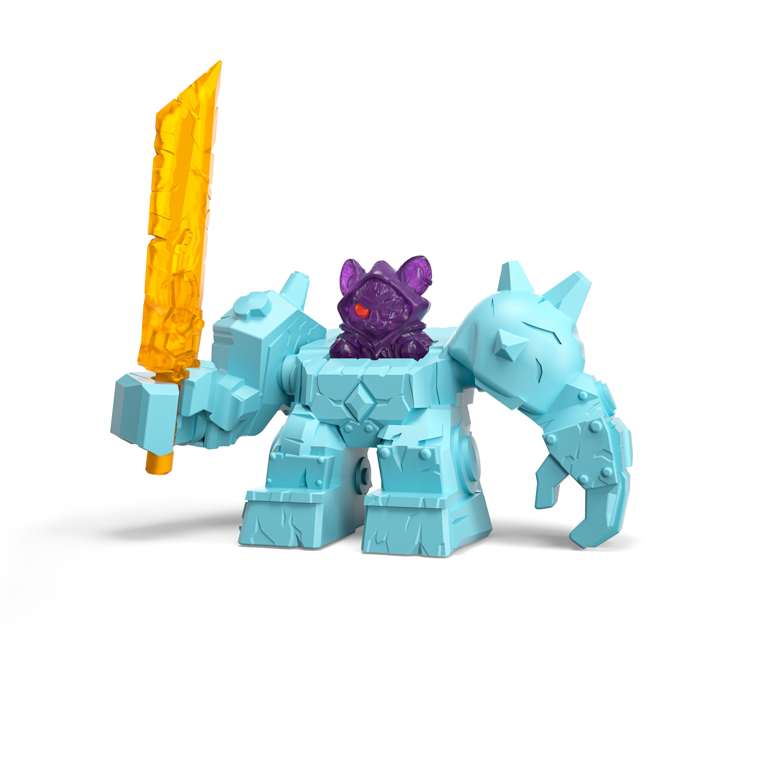 Ein hellblauer Roboter hält ein gelbes Schwert. Ein lila Monster sitzt im Inneren.