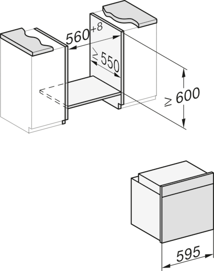Technische Zeichnung mit Maßen für Einbaugeräte. Links und rechts Maße 560+8, 550, 600. Unten Maß 595.