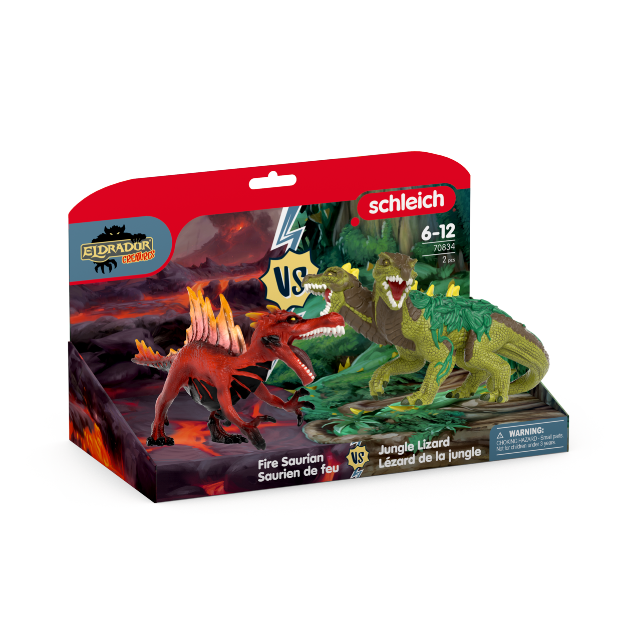 Ein roter Feuer-Saurier und ein grüner Dschungel-Echsen-Spielzeug im Karton.