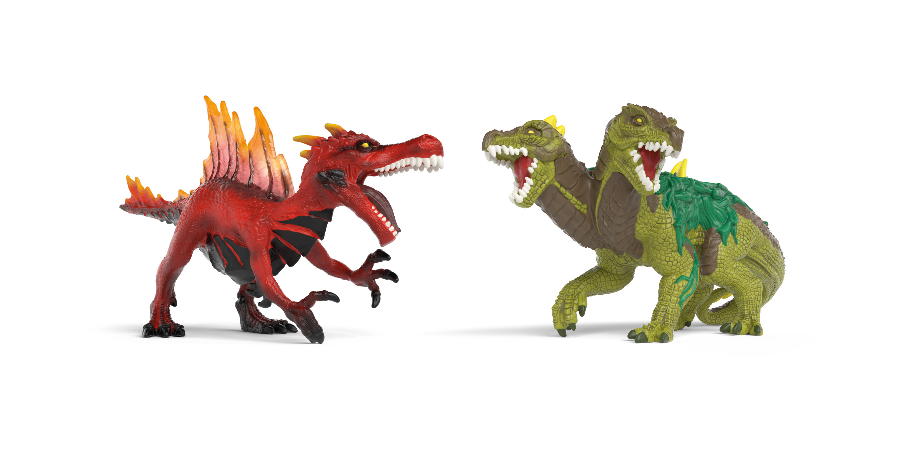 Zwei Dinosaurier-Spielzeuge: Ein roter Spinosaurus und ein zweiköpfiger grüner Dinosaurier.