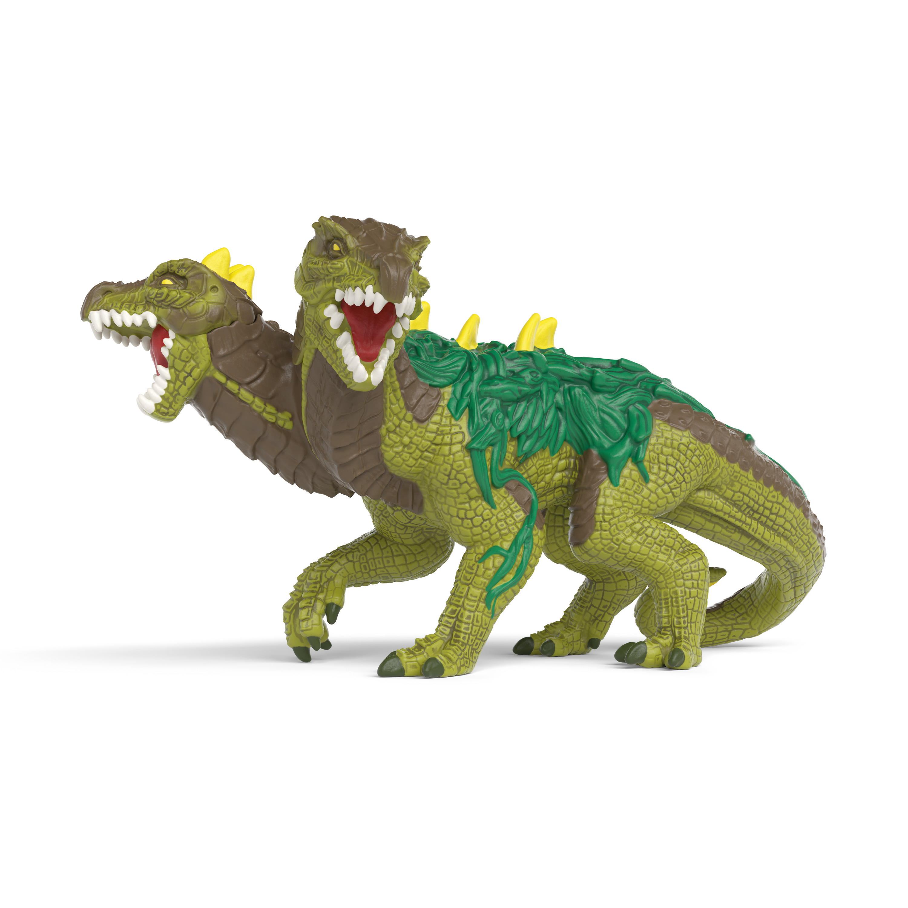 Grüner zweiköpfiger Dinosaurier mit gelben Stacheln und grünen Ranken.