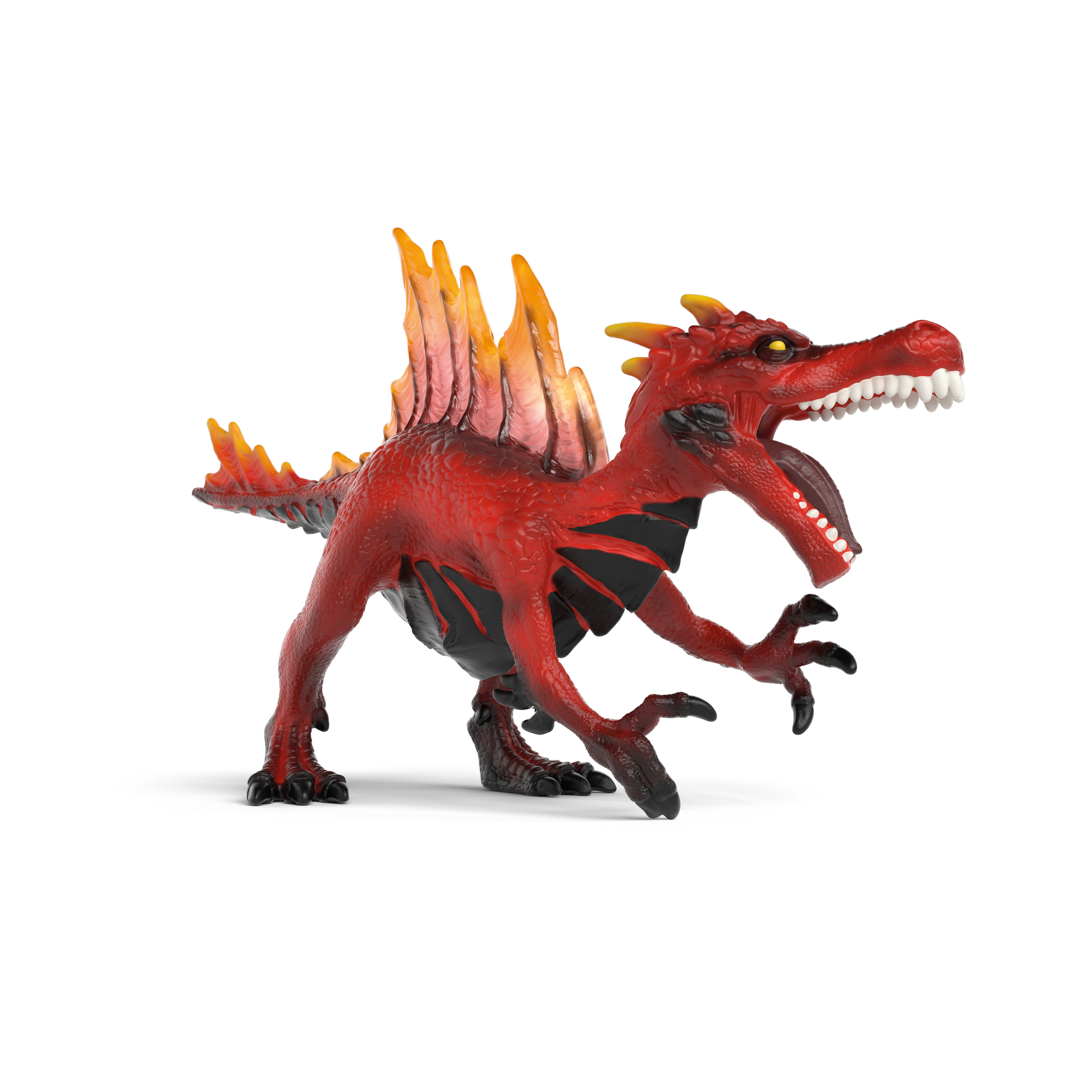 Ein roter Dinosaurier mit Segel, gelben Augen und scharfen Zähnen.