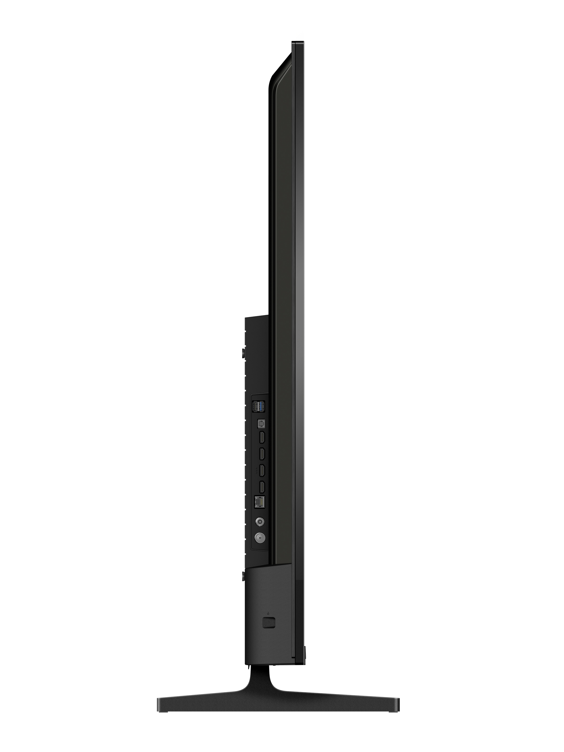 Televisor negro de lado mostrando puertos y soporte.
