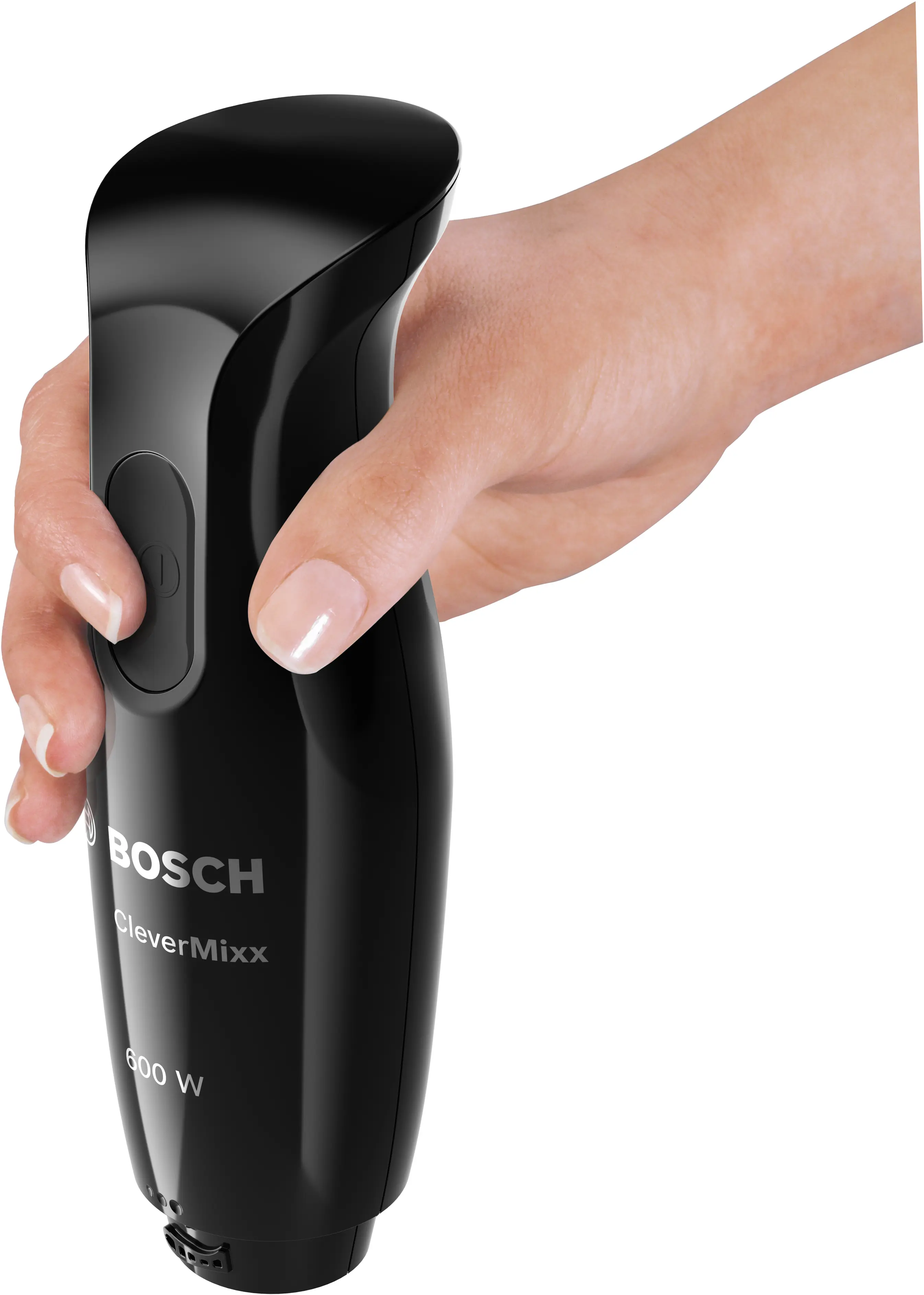 Egy kéz egy fekete Bosch botmixert tart "CleverMixx 600 W" felirattal.