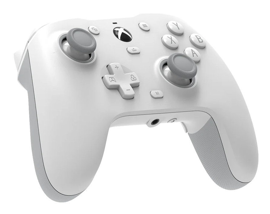 Biały kontroler Xbox z szarymi przyciskami i joystickami na czarnym tle.