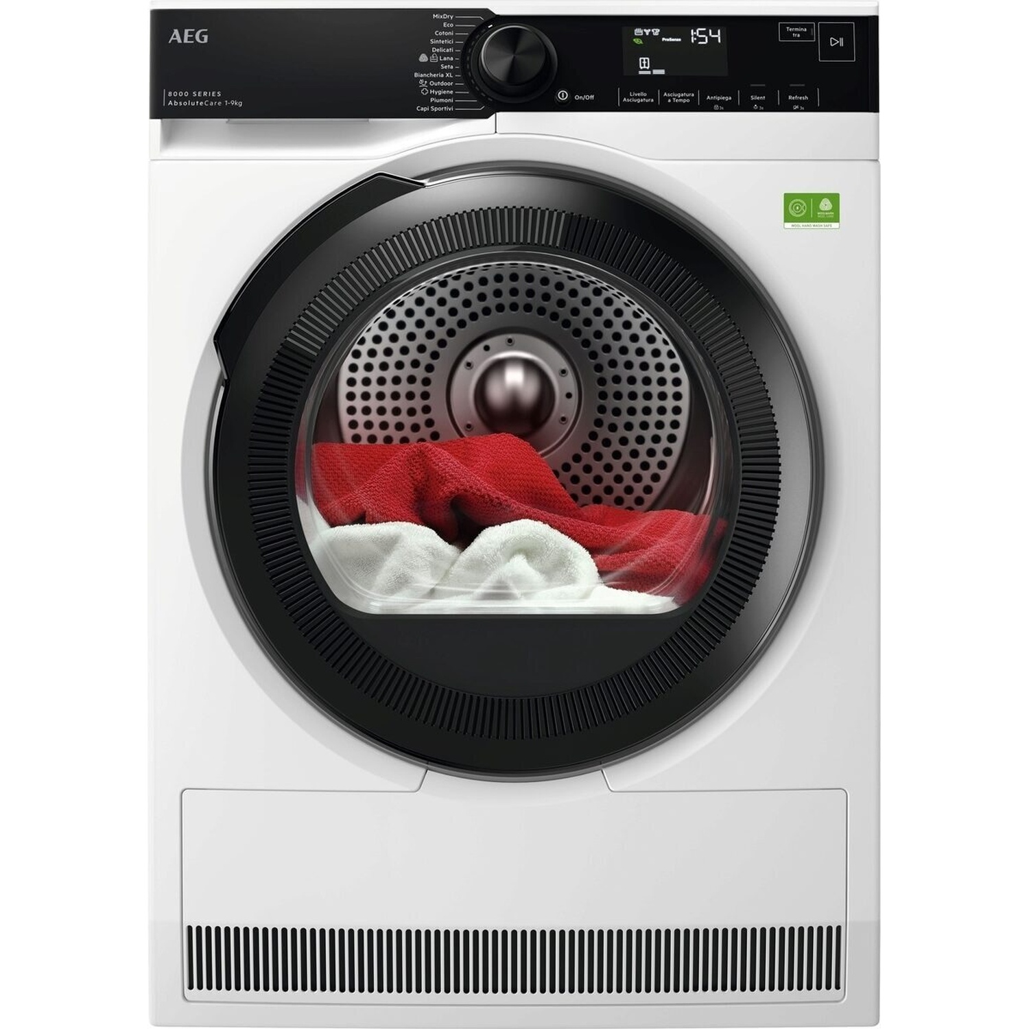 Asciugatrice bianca AEG Serie 8000 con oblò nero, asciugamani rossi e bianchi all'interno.