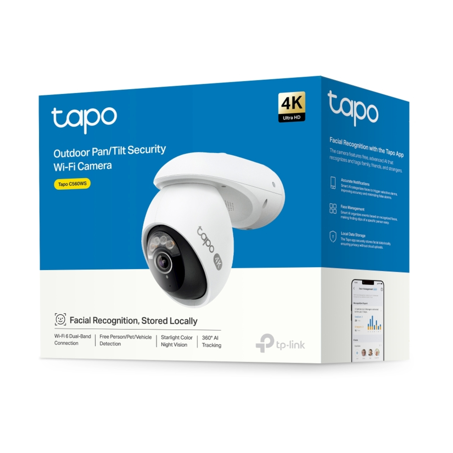 Telecamera Wi-Fi da esterno Tapo 4K con pan/tilt e riconoscimento facciale.