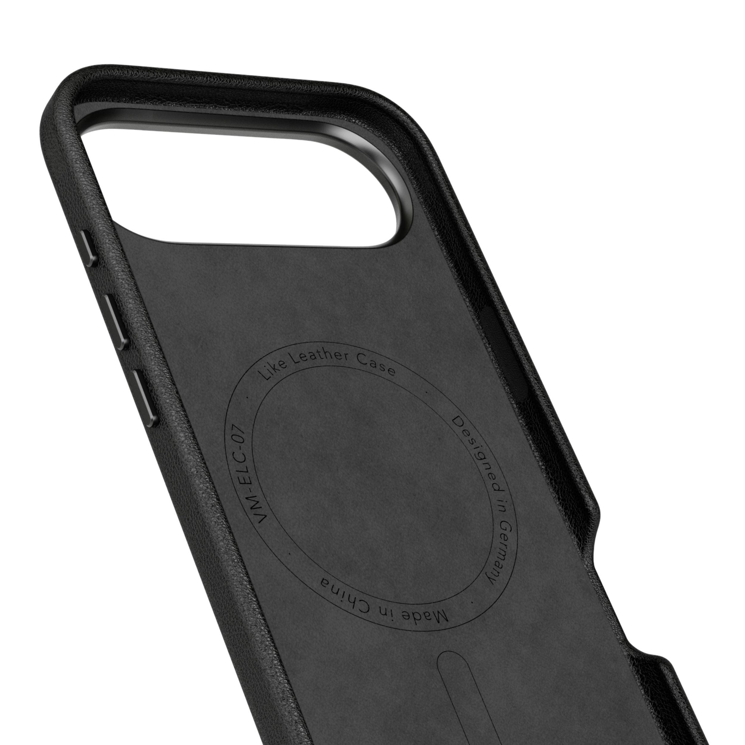 Schwarze Handyhülle aus Lederimitat mit Prägung: VM-ELC-07, Made in China, Designed in Germany.