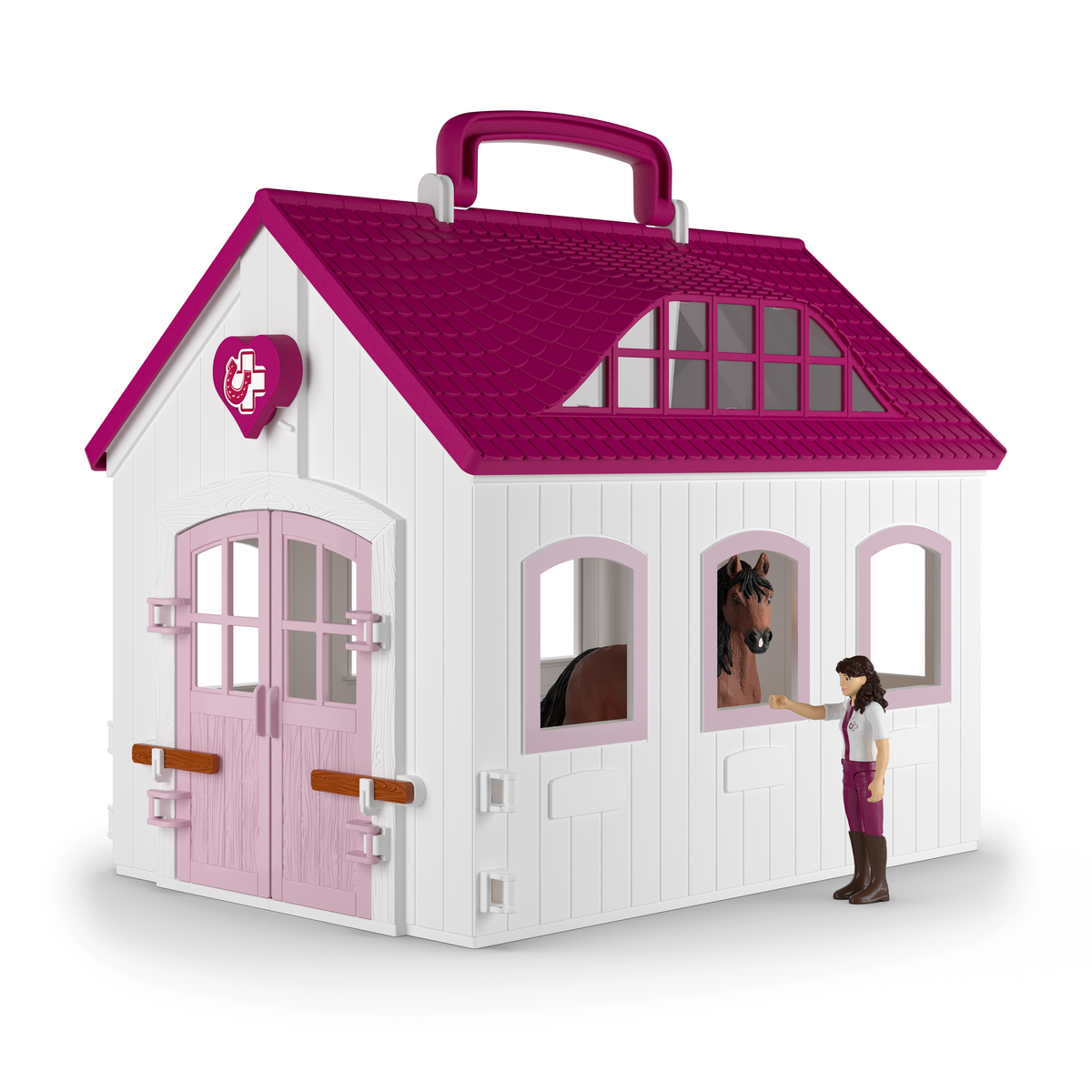 Ein Spielzeugstall mit Pferd und Mädchen. Der Stall ist weiß mit rosa Dach und Türen.