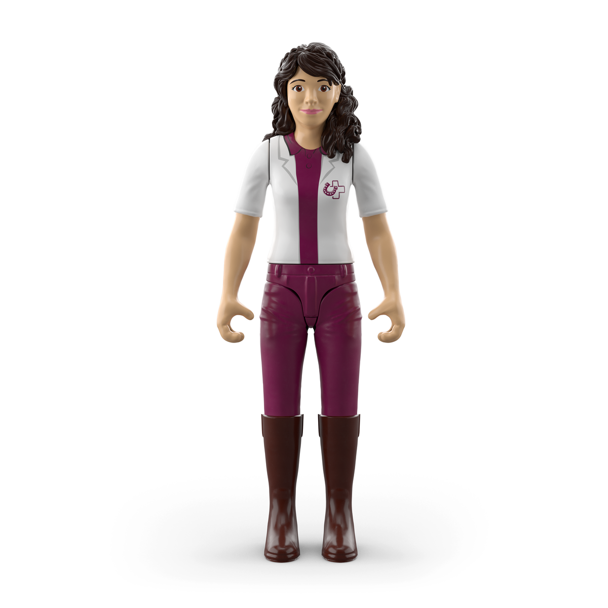 Eine Spielfigur einer Frau mit dunklem Haar, weißer Weste und bordeauxfarbener Hose.