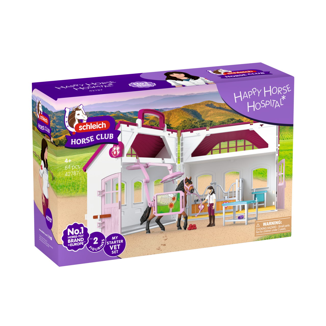 Spielzeug-Tierklinik mit Pferd, Tierärztin und Zubehör auf einer Verpackung.