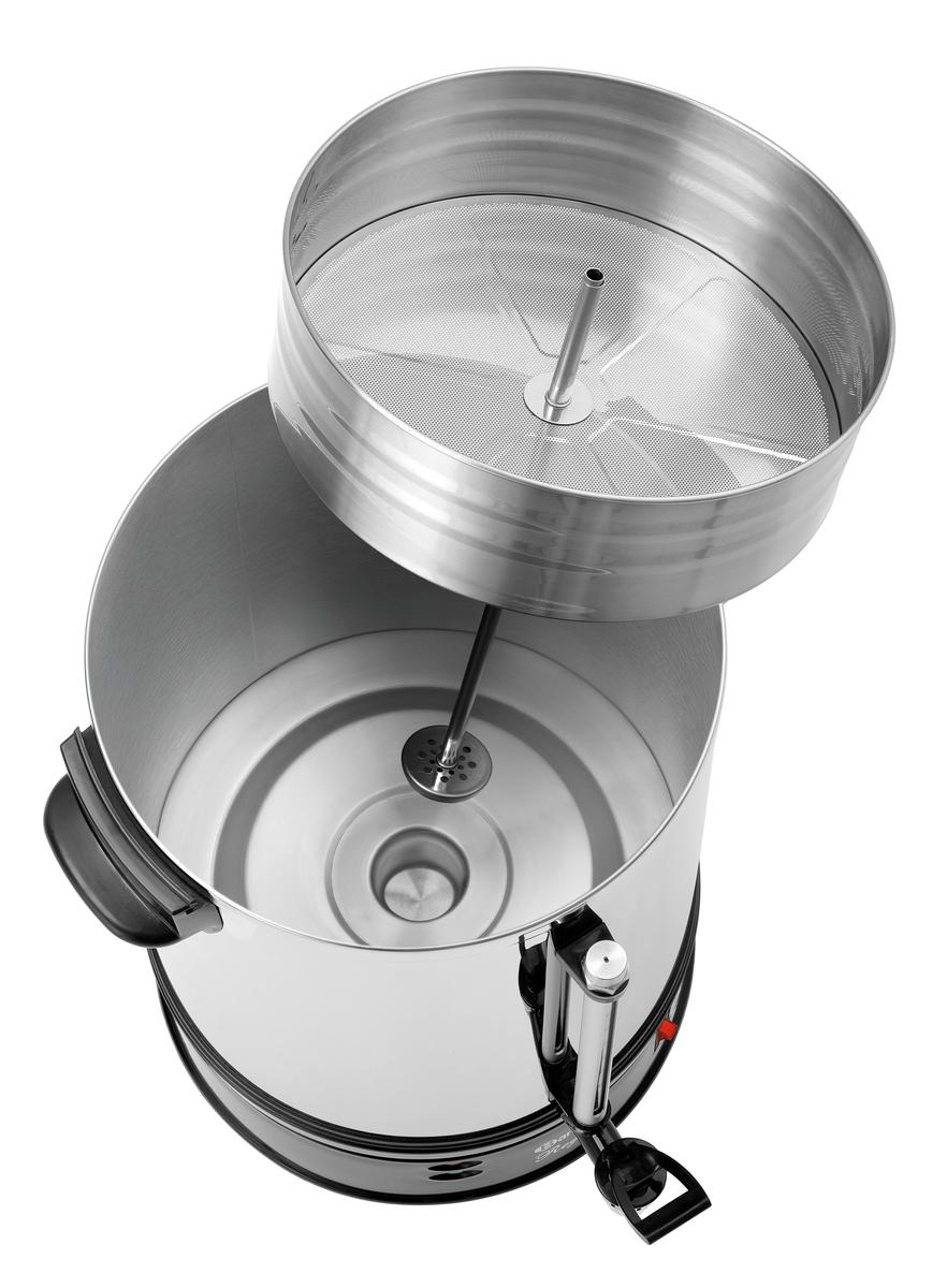 Silberner Kaffeeautomat mit abgenommenem Oberteil und Kaffeefilter.