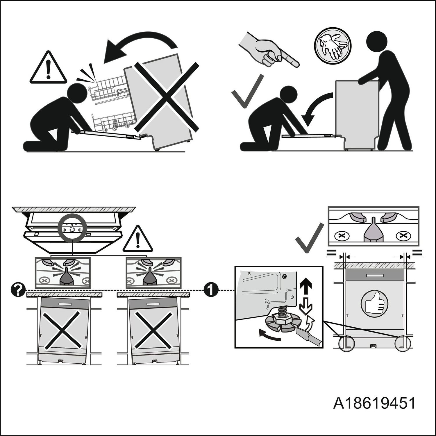 Istruzioni per installare e livellare un apparecchio, con avvisi e segni di spunta.