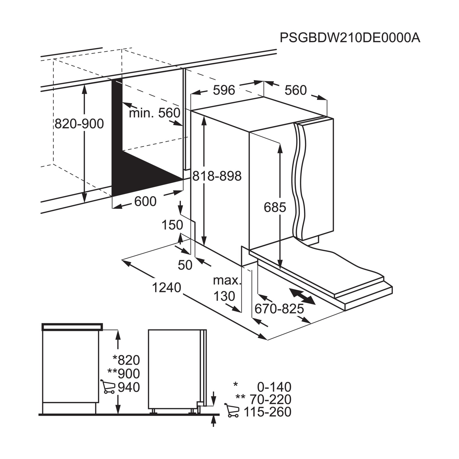 Disegno tecnico con dimensioni per elettrodomestici da incasso. PSGBDW210DE0000A.