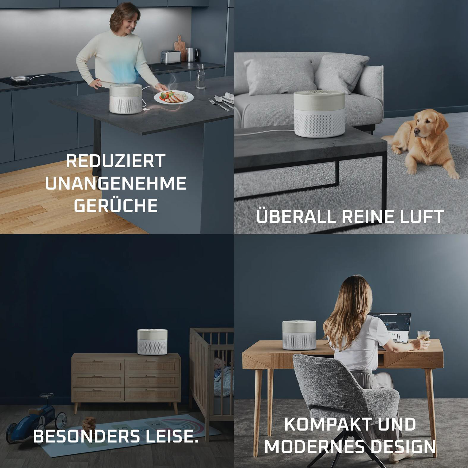 Ein Luftreiniger in verschiedenen Szenarien: Küche, Wohnzimmer, Kinderzimmer, Büro.