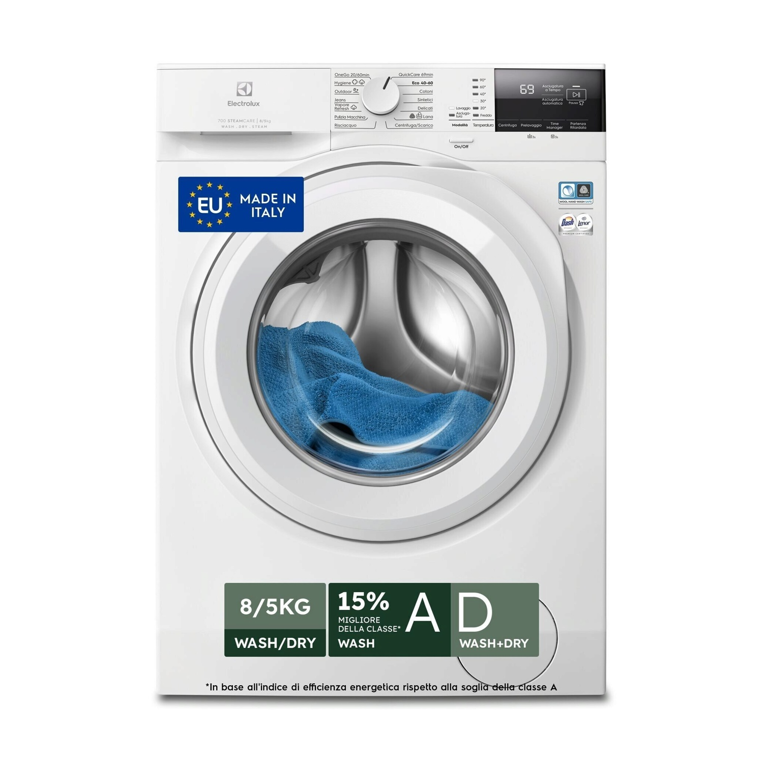 Lavatrice bianca con asciugamano blu nel cestello. Classe di efficienza energetica A.