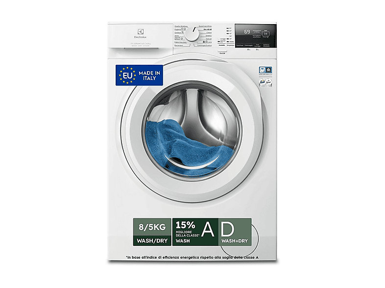 ELECTROLUX EW7W285W LAVASCIUGA, Caricamento frontale, capacità lavaggio 8 kg, asciugatura 5 14 programmi, Profondità 57,6 cm, Bianco, Classe A