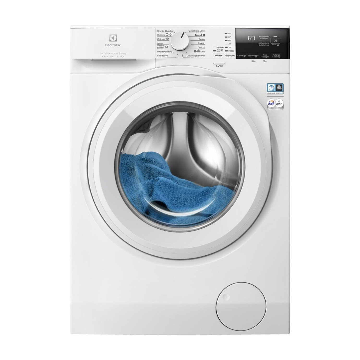 Lavatrice Electrolux bianca con asciugamano blu nel cestello. Pannello di controllo in alto.