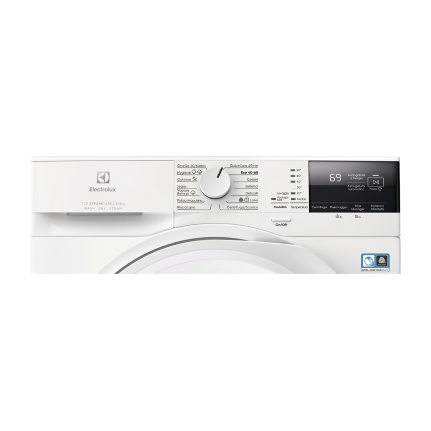 Pannello di controllo lavatrice Electrolux bianca con varie opzioni di ciclo e display digitale.