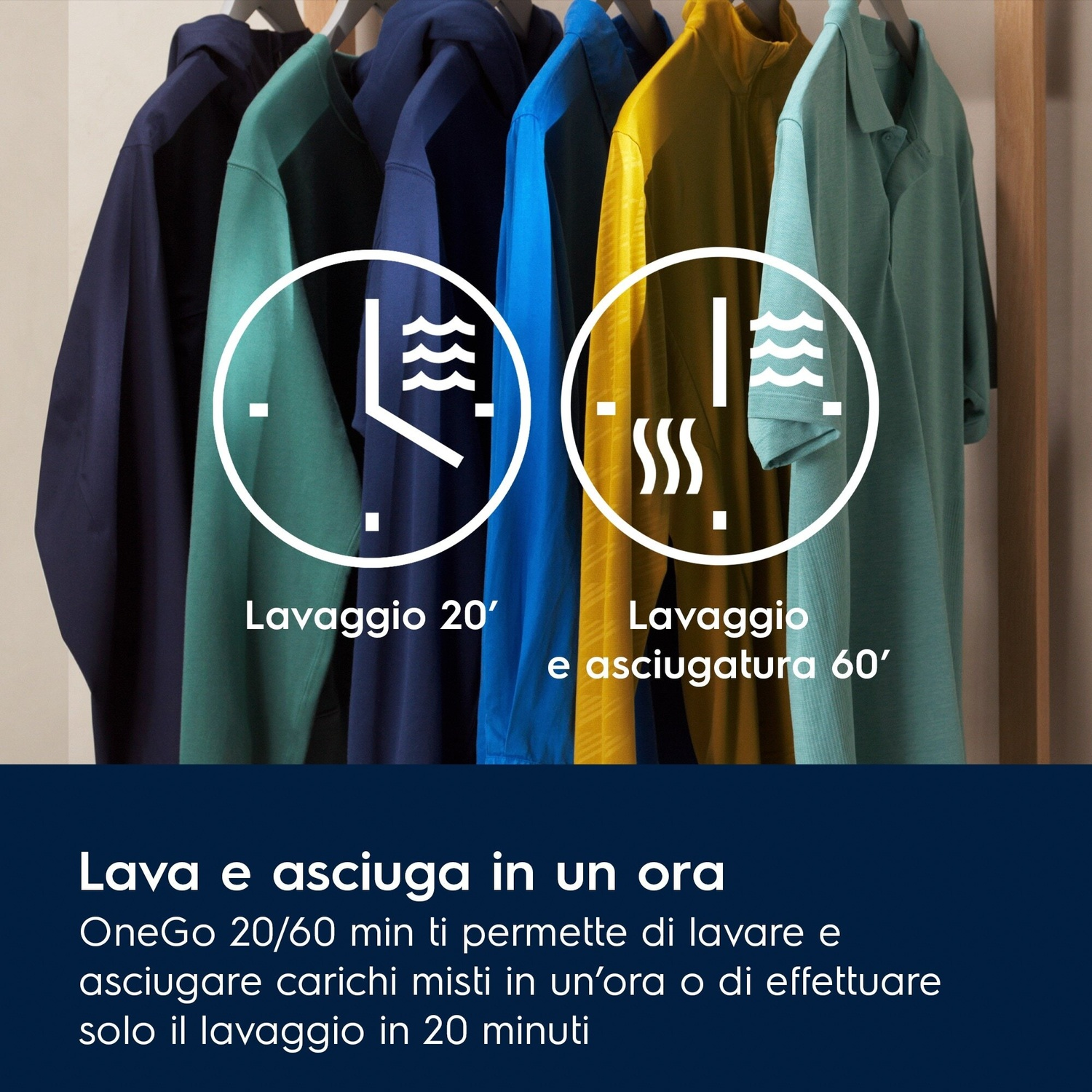 Diversi capi di abbigliamento appesi. Due cerchi con icone e testo.