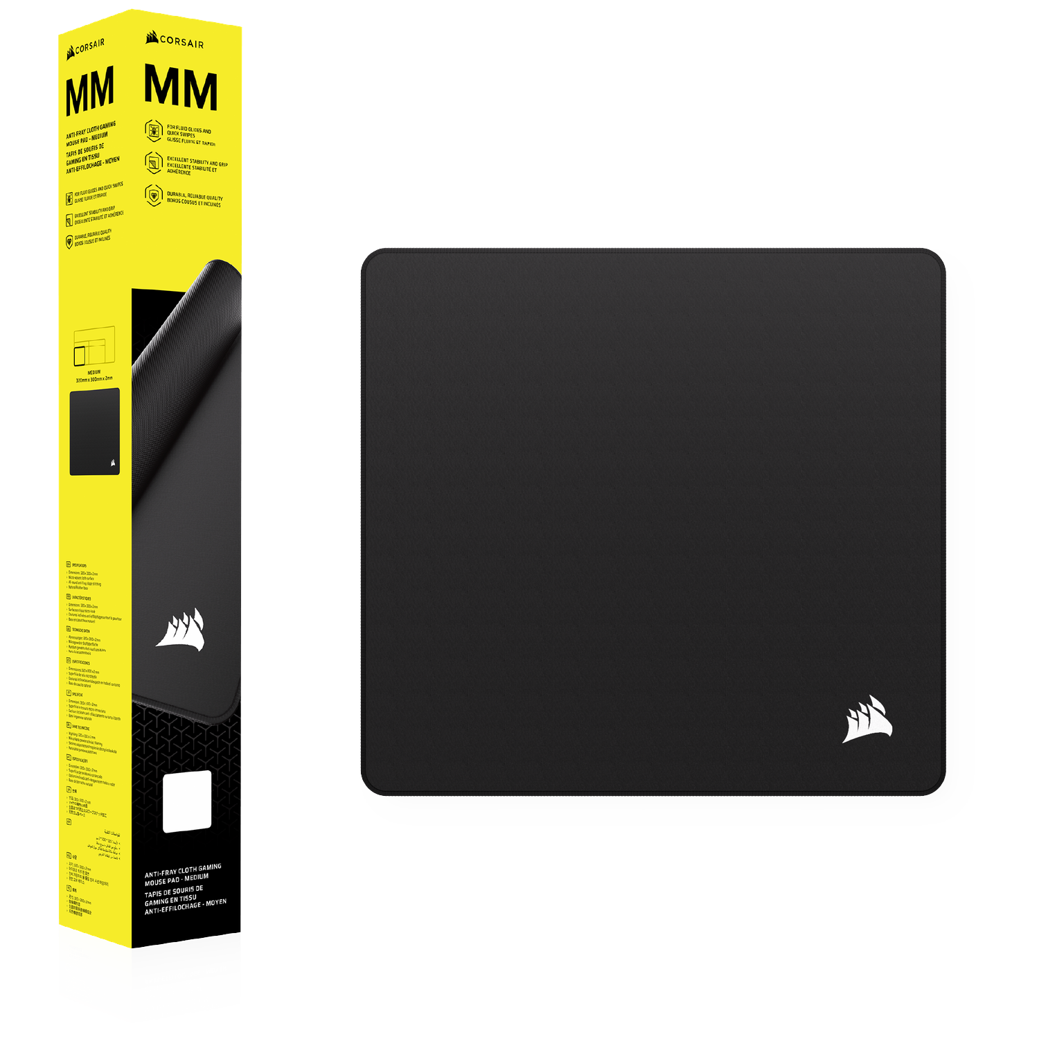 Zwarte Corsair gaming muismat met logo. Verpakking links.